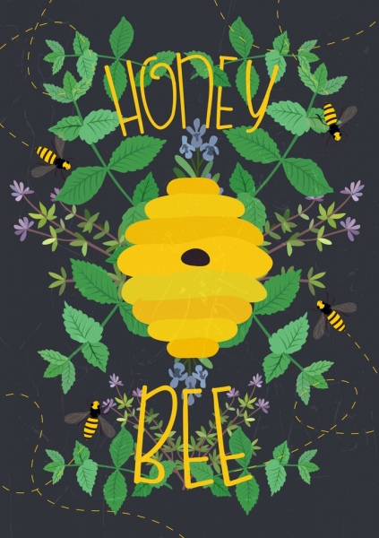 anúncio de abelha de mel colmeia amarela folhas verdes decoração