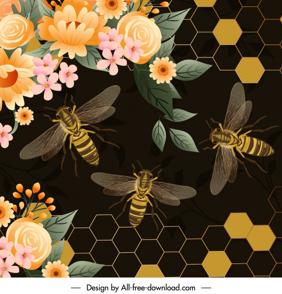 latar belakang lebah madu warna-warni desain modern gelap
