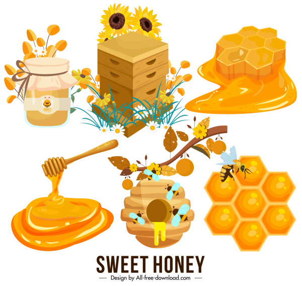 elementos de diseño de miel coloreados boceto de símbolos 3D