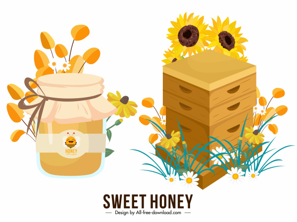elementos de design de mel colorido jar flores esboço favo de mel