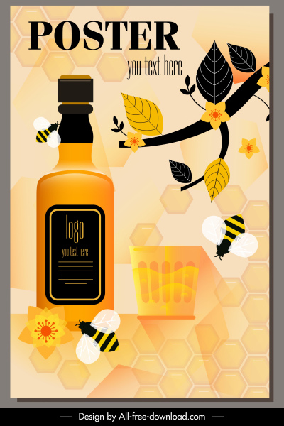 bebida de miel publicidad botella flor abejas decoración