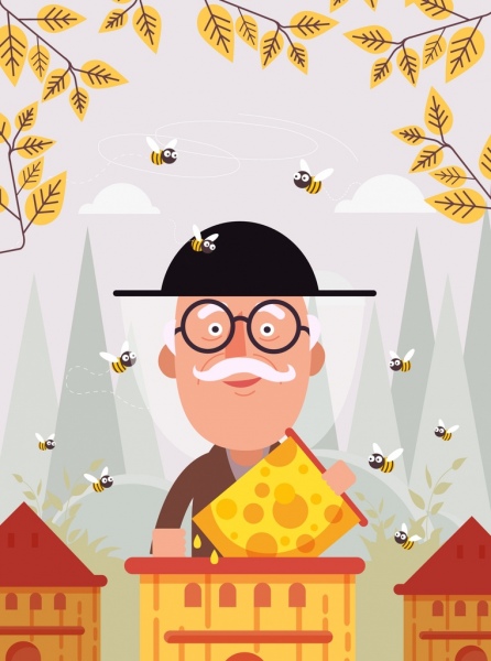 Tatlım çiftlik arka plan adam arılar simgeler karikatür tasarım