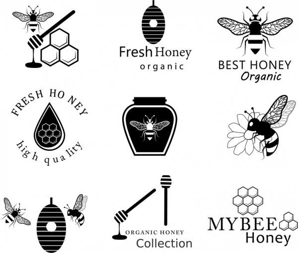 Honig-Logos schwarz weißen Design verschiedene Symbole Isolierung