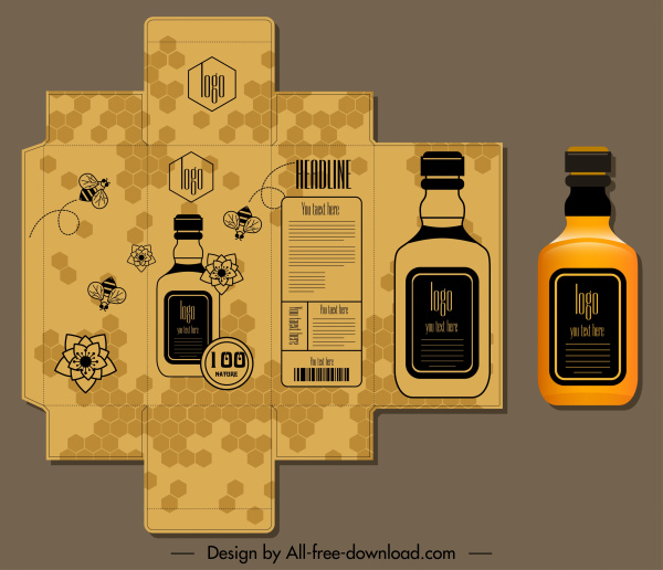 modelo de pacote de mel desenho plano decoração de pétalas de abelha