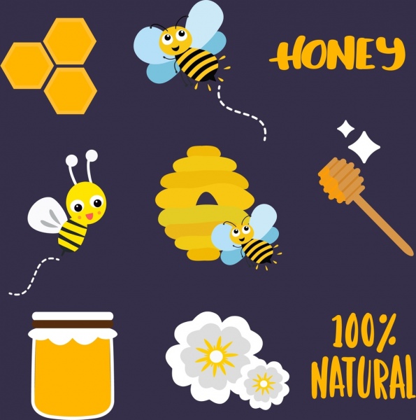 ผลิตภัณฑ์น้ำผึ้งออกแบบองค์ประกอบแบนสีไอคอน