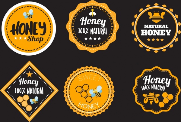 蜂蜜促銷標籤黑黃色設計各種形狀