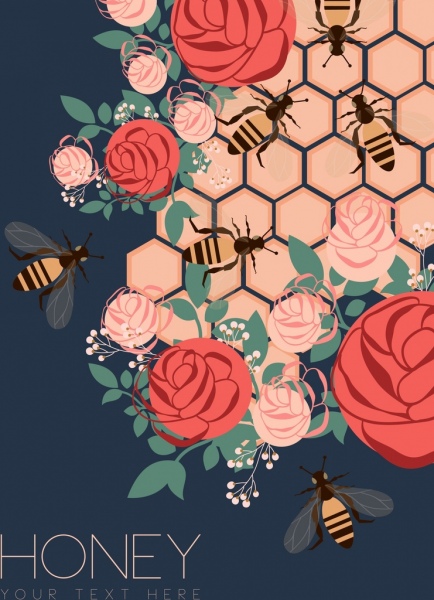 多彩多姿的蜂窩狀背景設計玫瑰蜜蜂的圖示