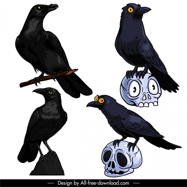 elementos horribles iconos cuervo calavera boceto