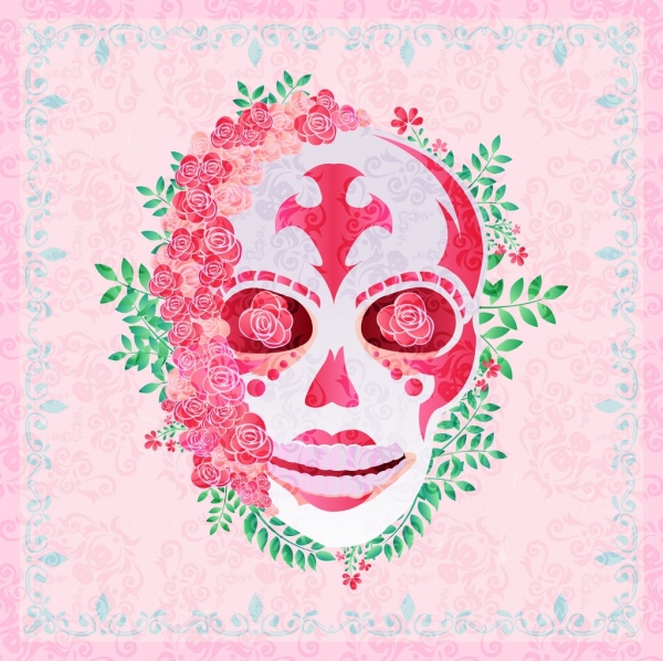 恐怖背景粉紅色頭骨玫瑰裝飾設計圖標