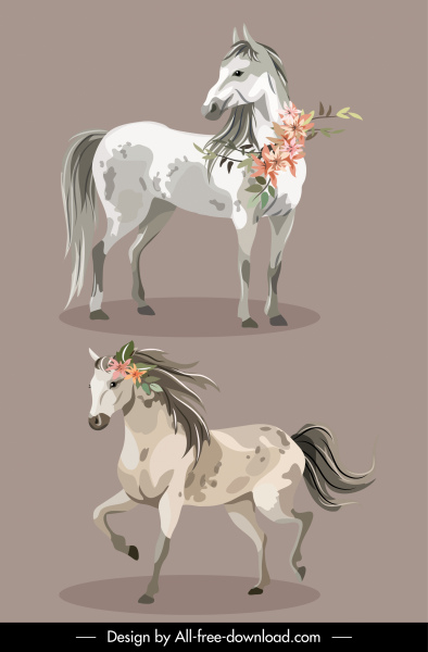 ม้าไอคอน handdrawn สีเทาร่างดอกไม้ตกแต่ง