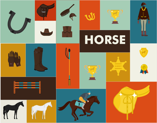 elementos de diseño de carreras de caballos con herramientas y medallas