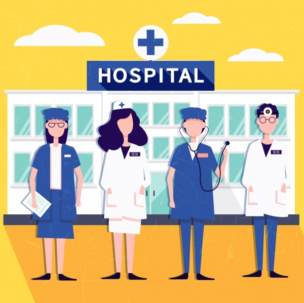 Hospital fondo médico enfermera iconos coloreados dibujos animados