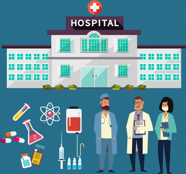 Krankenhaus-Design-Elemente bauen Ärzte Werkzeuge Symbole