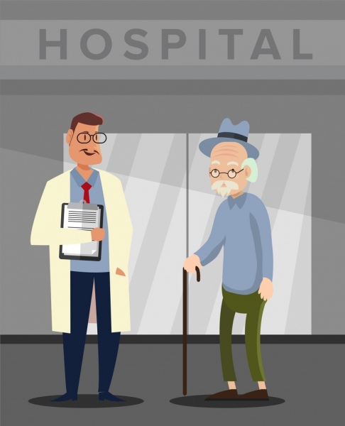 Hospital doctor viejo paciente iconos color de dibujos animados de dibujo