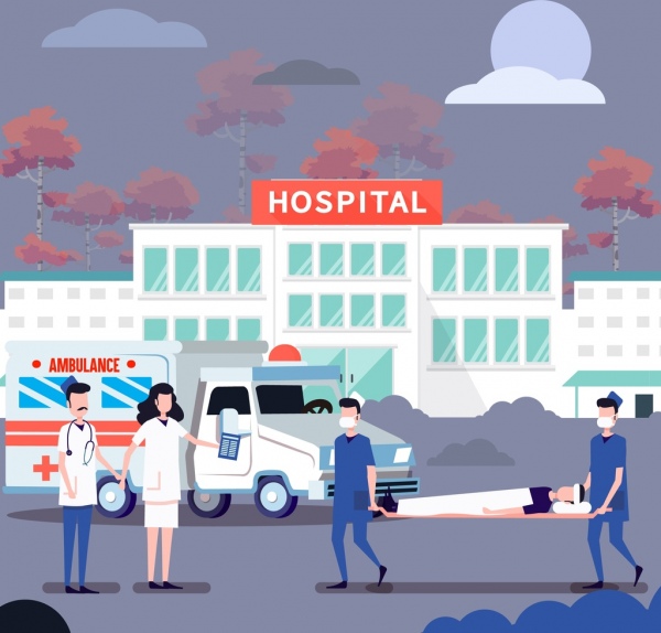 Krankenhaus-Zeichnung Ärzte Patienten Symbole farbige cartoon