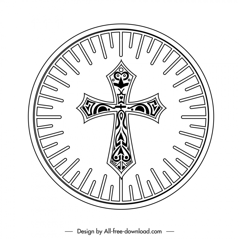 ホスト宗教アイコン黒白聖十字架光線装飾丸い形の輪郭