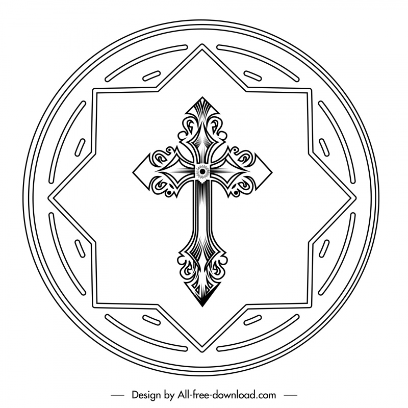 ikon tanda agama tuan rumah sketsa salib suci garis besar geometri simetris hitam putih