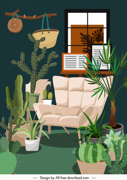ev dekor şablonu yeşil bitkiler süs rahat tasarım
