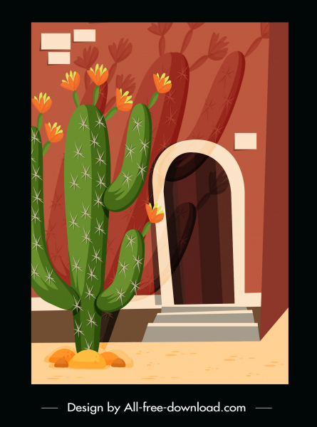 rumah eksterior lukisan kaktus dekorasi retro sketsa