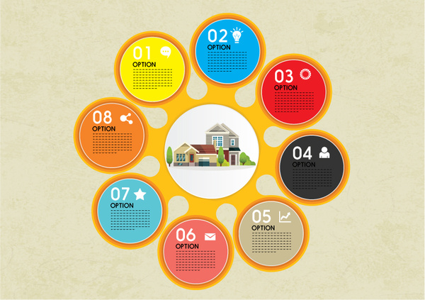 casa design infográfico com ilustração de círculos coloridos