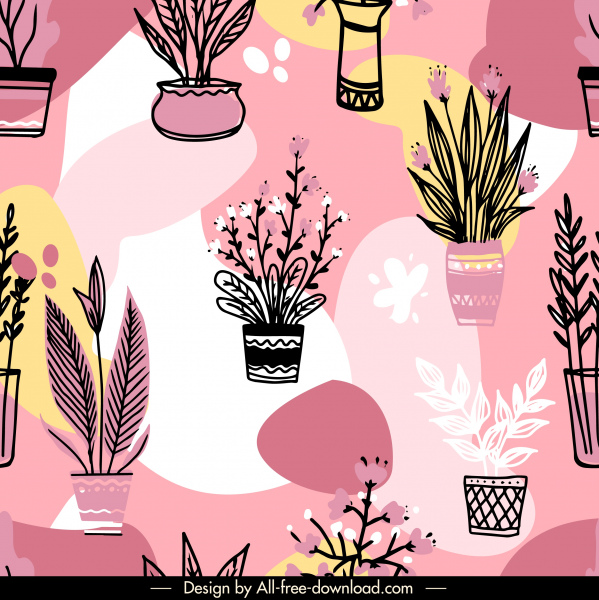 plantilla de patrón de planta de la casa flowerpot boceto plano dibujado a mano retro