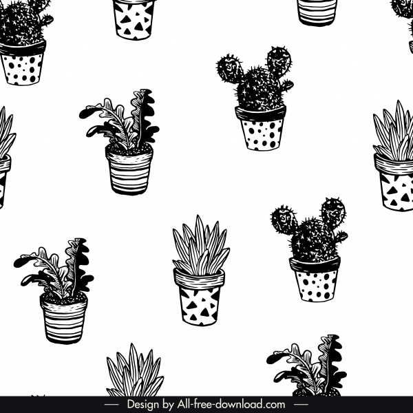 plantas domésticas patrón blanco negro clásico dibujado a mano boceto
