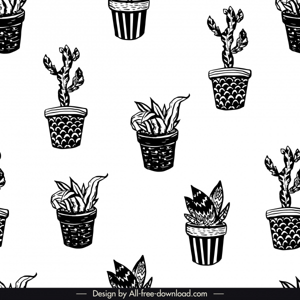 комнатные растения шаблон черный белый ретро повторяющийся дизайн