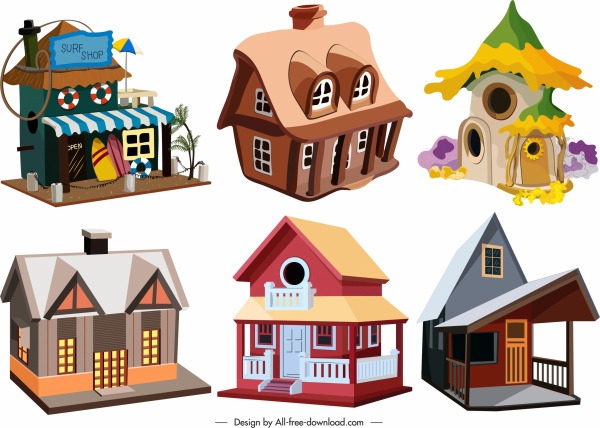 casas de ícones coloridos 3d vintage contemporâneo esboço
