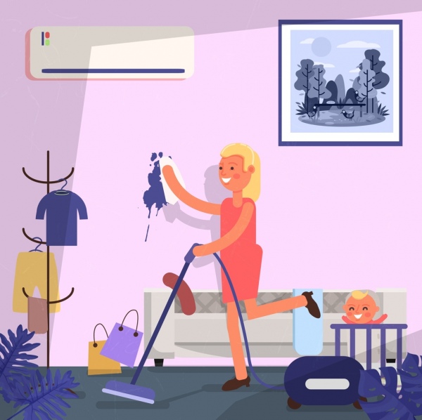 mujer de fondo de ama de casa limpieza de personaje de dibujos animados icono