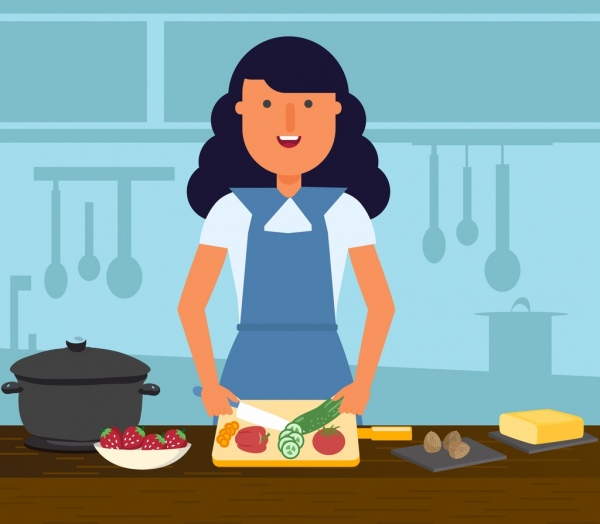 diseño de dibujos animados de ama de casa fondo mujer cocina Trabajo los iconos