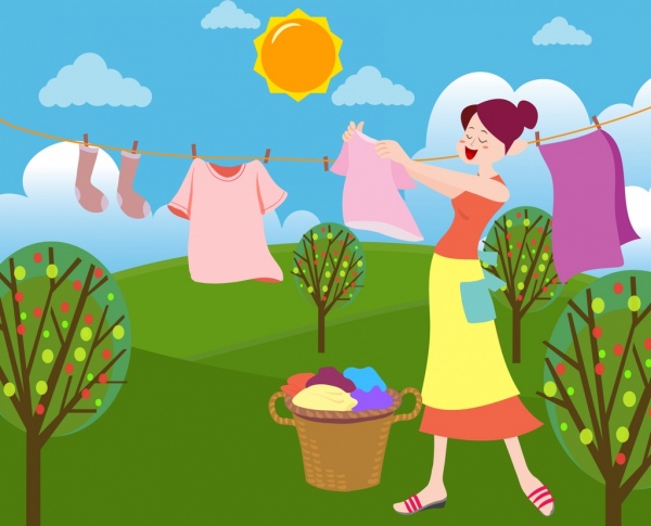 домохозяйка сушки одежды рисунок женщина цветной мультфильм дизайн