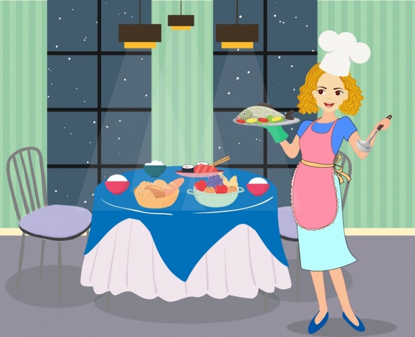 Hausfrau Zeichnung Frau Vorbereitung Abendessen farbige cartoon