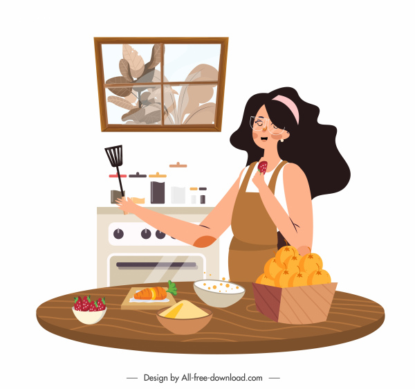 Housewife Work Background Lady Kitchen Utensils Cartoon Design-vector  Cartoon-free Vector Free Download