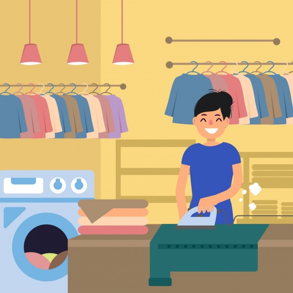 ícones de engomar dona de casa trabalho fundo lavanderia Cartum desenho