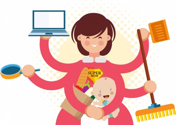 femme au foyer travail fond mère enfant multihands icônes