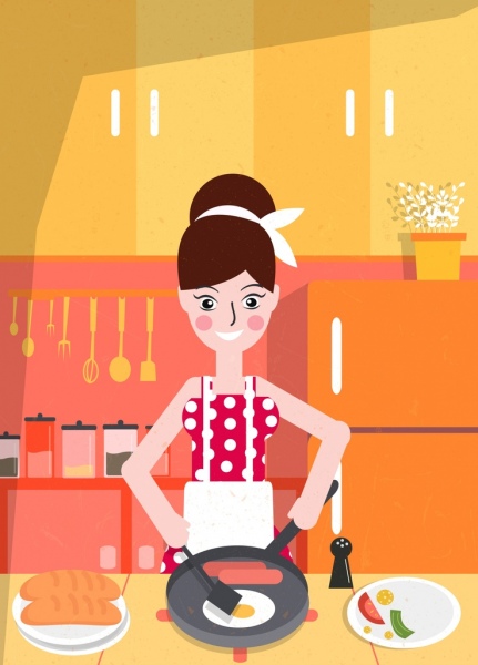 домохозяйка работы фон женщина приготовления пищи значок мультфильм дизайн
