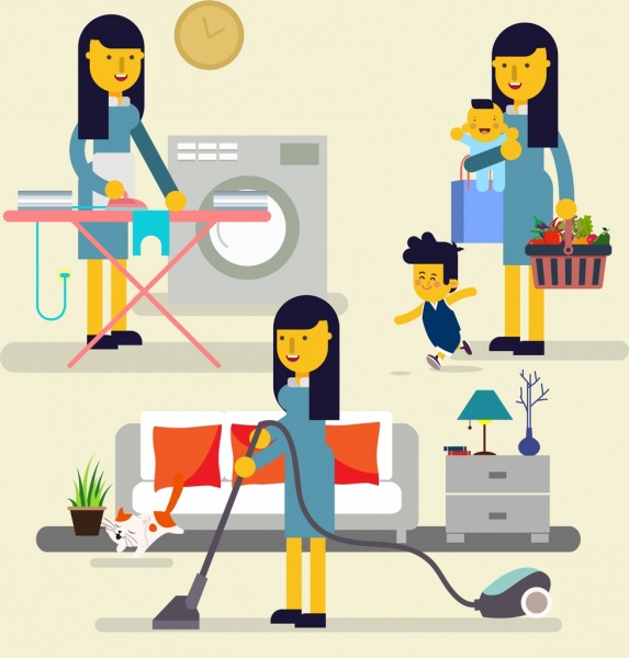 donna casalinga lavoro progetto elementi icone degli utensili per bambini