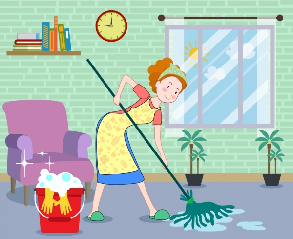 ibu rumah tangga bekerja gambar wanita cleaning ikon kartun berwarna