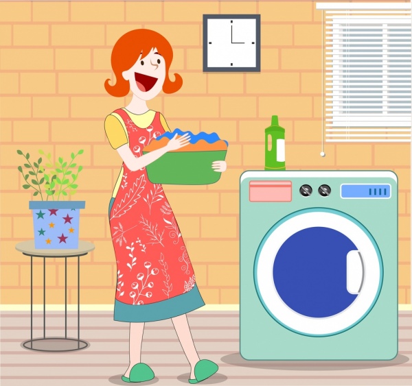 dona de casa trabalhar desenho ícones de máquina de lavar roupa de mulher