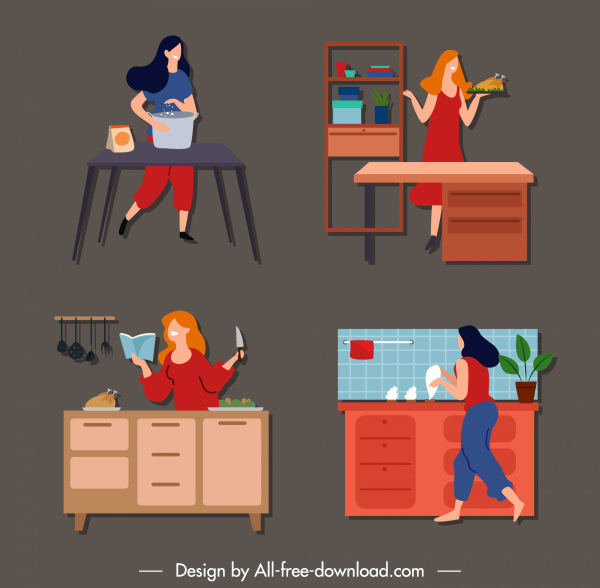 femme au foyer travail icônes dessin animé coloré croquis