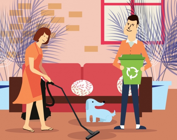 limpieza de la obra doméstica limpieza de la pareja icono diseño de dibujos animados