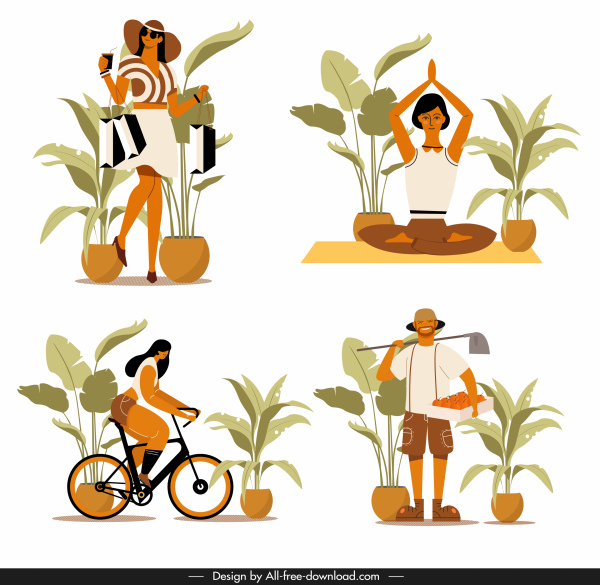 人类活动图标购物瑜伽骑自行车农业素描