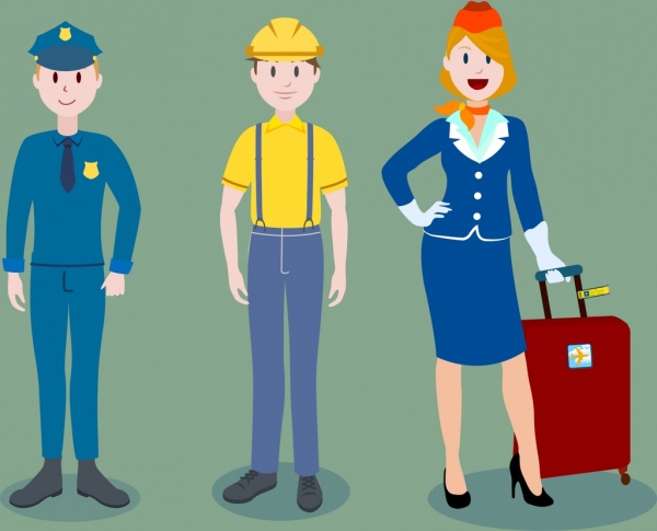Icone di professione umana polizia personaggi dei cartoni animati di lavoro hostess