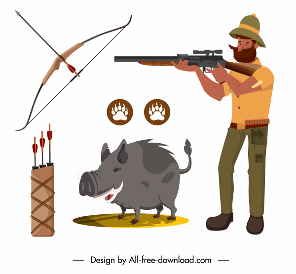 사냥꾼 디자인 요소 무장 남자 돼지 스케치