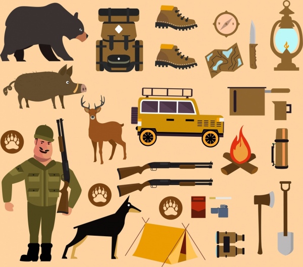 elementos de projeto de acampamento de caça vários ícones coloridos