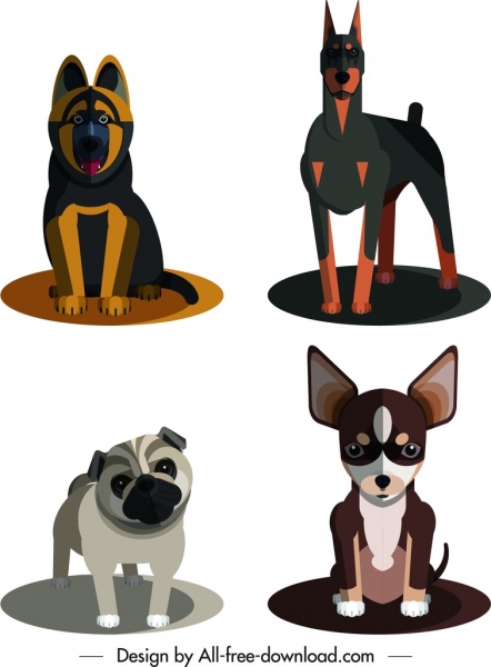 ícones de chihuahua buldogue cão de caça de cor esboço dos desenhos animados
