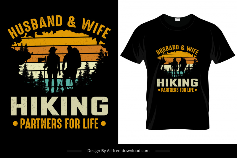 marido y mujer compañeros de senderismo para la vida plantilla de camiseta contorno de silueta oscura