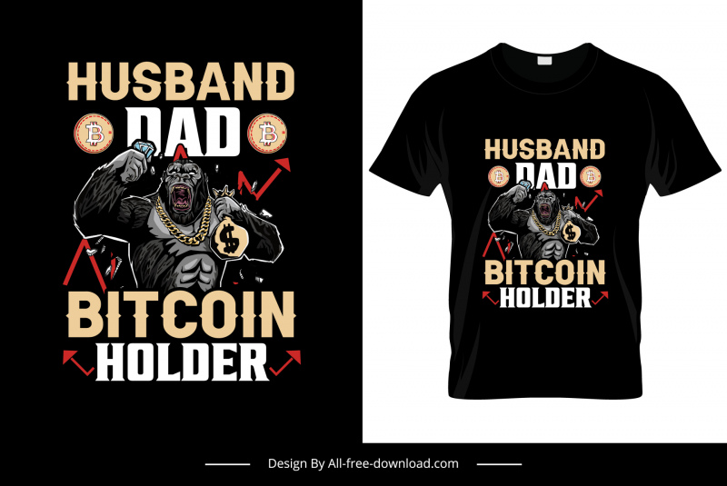 สามีพ่อ bitcoin ผู้ถือเสื้อยืดแม่แบบกอริลลาลูกศรเหรียญออกแบบการ์ตูน