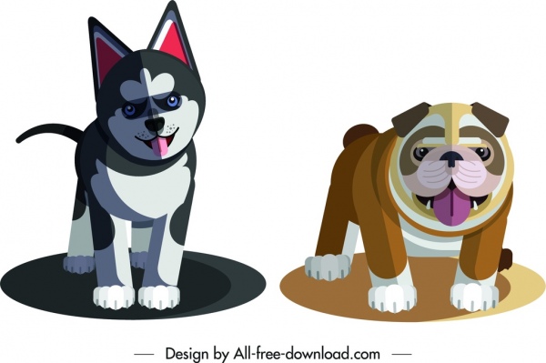 Husky bulldog sketsa kartun lucu ikon anak anjing desain