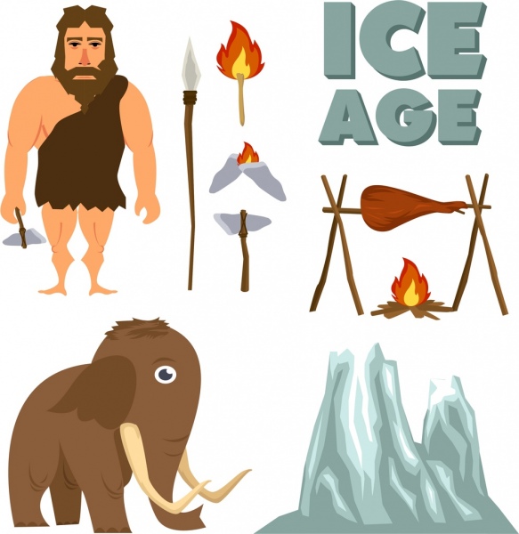 Elementos de diseño de los iconos de la edad de hielo antiguo de dibujos animados de colores